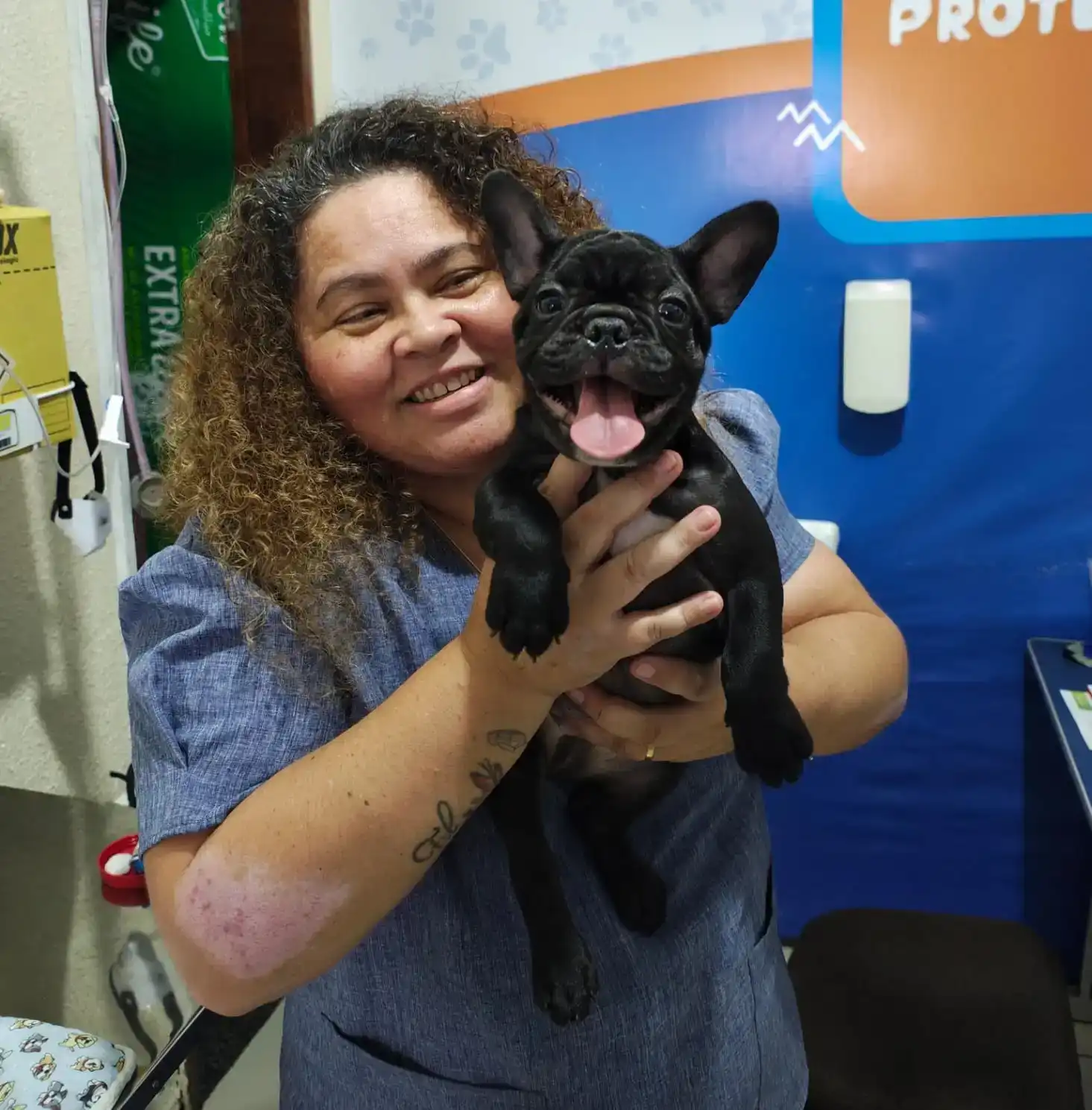 Dra. Luciana Pessoa com um buldogue francês filhote